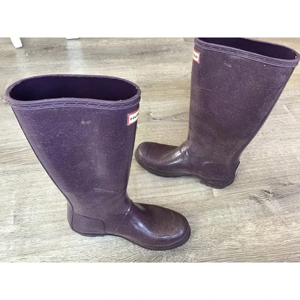 Hunter Rain Boots Girls size 6 Purple Glitter Wellington Waterproof Boots UK 4